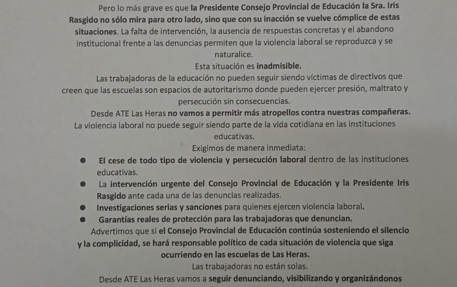 ATE Las Heras denuncia violencia laboral en las escuelas e inacción y complicidad de Iris Rasgido